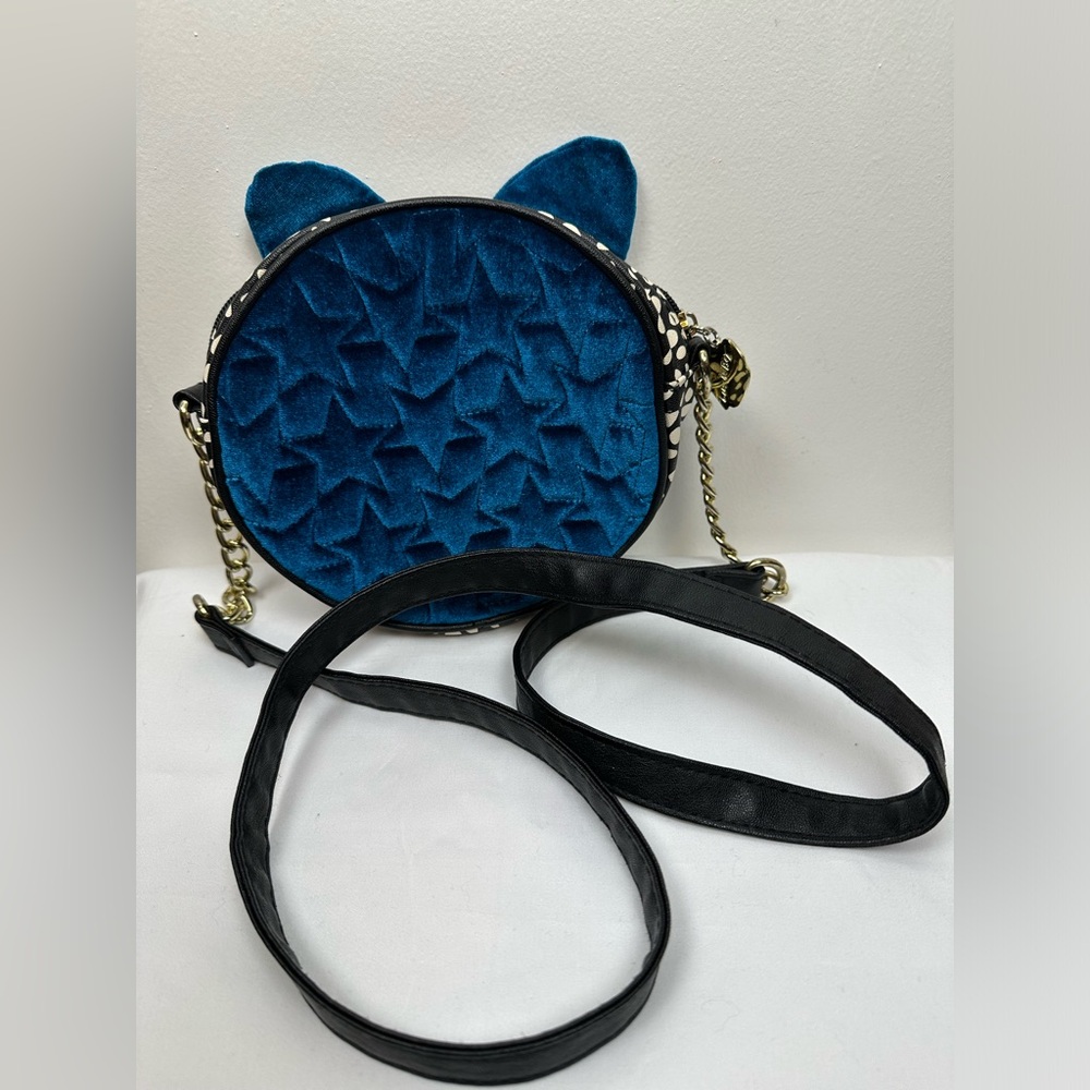 Betsey Johnson Luv Betsey Blue Velvet Cat Ears Crossbody Bag Quilted Stars Purse